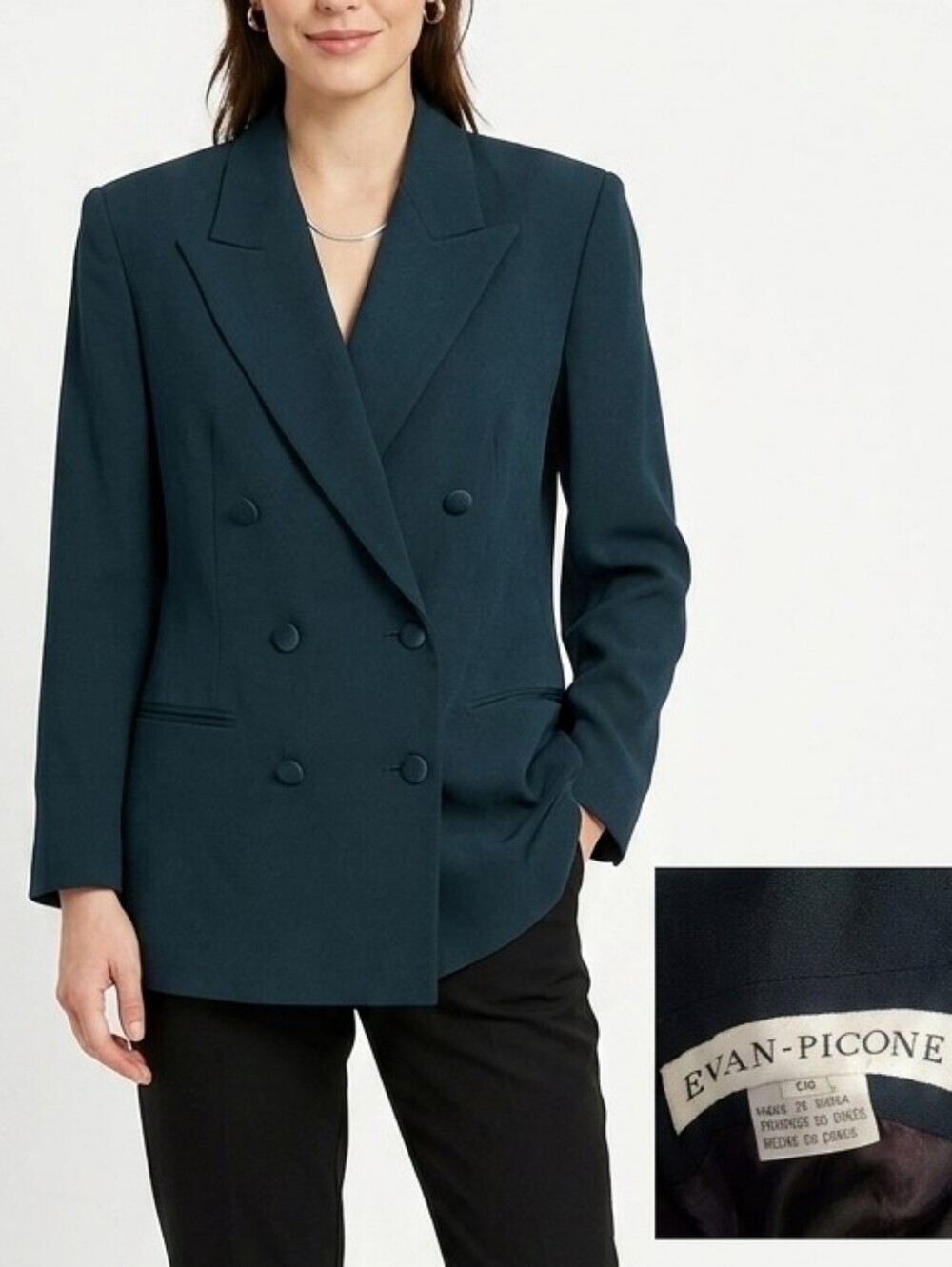 NWT Vintage Evan Picone Green Double-Breasted Blazer with Peaked Lapels